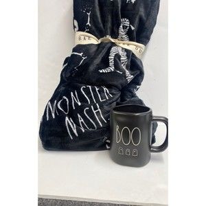Rae Dunn Monster Mash Blanket (50"x70") & Black Matte Boo Mug w/ Ghosts
